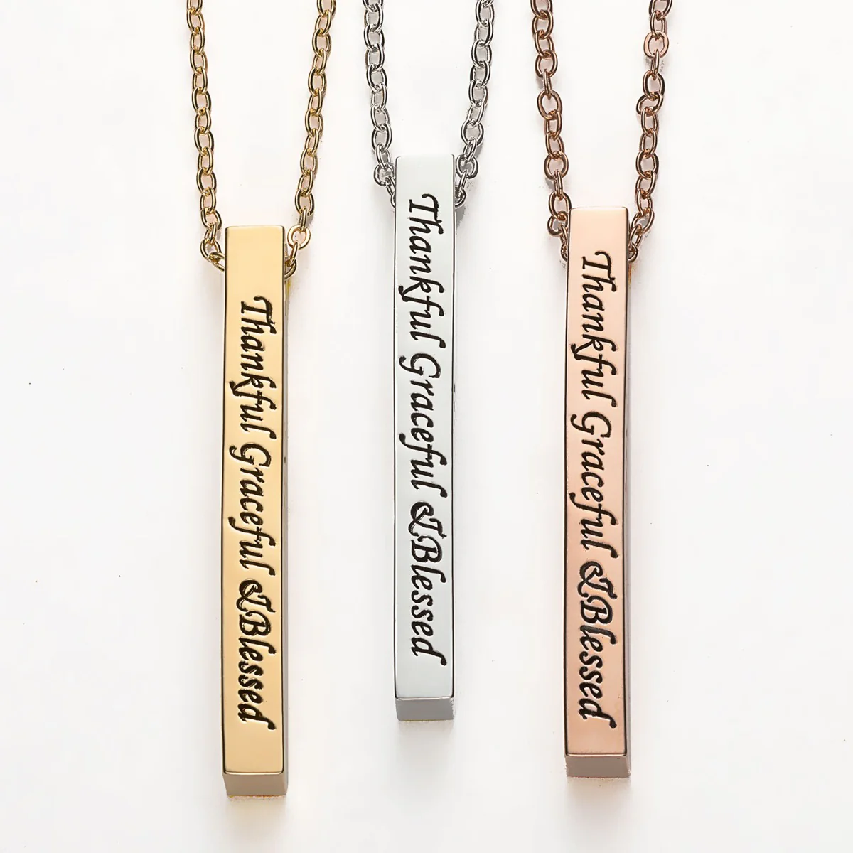 Vertical 4-sided Bar 'Thankful' Engraved Name Necklace