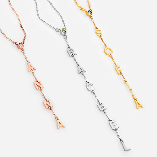 Vertical Name with Birthstone Y-Necklace - Image 2